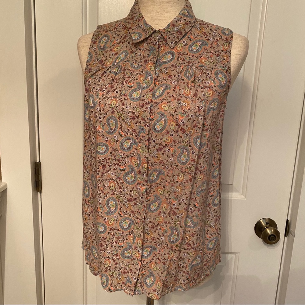 C&C CALIFORNIA TOP BLOUSE GRAY BLUE PRINT SLEEVELESS TANK BUTTONS Size S